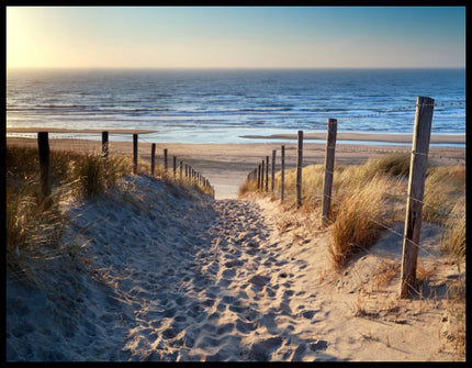 Leinwandbild von Fußspuren im Sand auf einem Sandweg zum Strand.