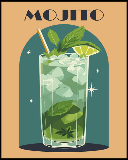 Ein Poster einer farbenfrohen Illustration eines Mojito Cocktails mit einem dekorativen Hintergrund.