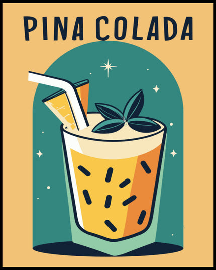 Ein Poster einer farbenfrohen Illustration eines Piña Colada Cocktails mit einem dekorativen Hintergrund.