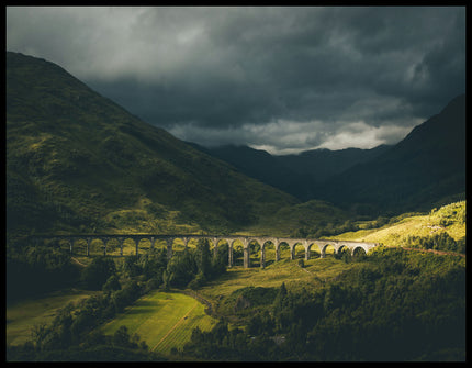 Ein Poster von dem Glenfinnan-Viadukt bei bewölktem Himmel.