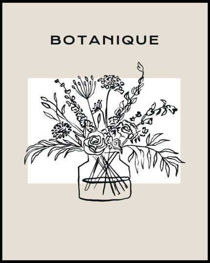 Ein Poster einer skizzierte Vase mit Blumen und dem Text "BOTANIQUE" darüber.