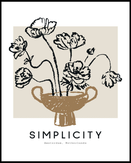 Ein Poster von einer skizzenhafte Darstellung einer Blumenvasen-Illustration mit dem Text "Simplicity".