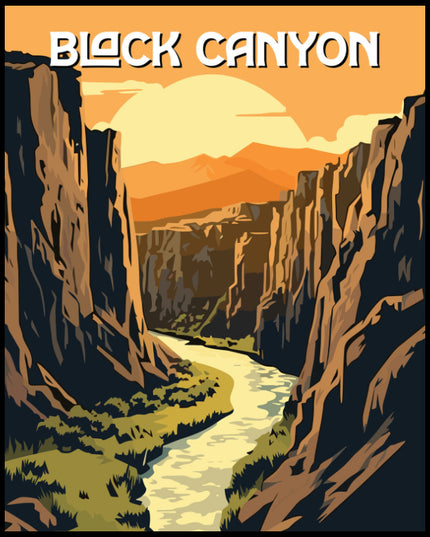 Ein Poster vom Black Canyon Nationalpark, das eine dramatische Schlucht bei Sonnenuntergang zeigt.