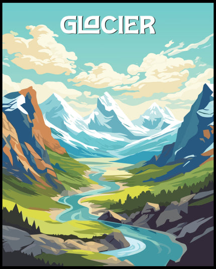 Ein Poster vom Glacier Nationalpark, das eine atemberaubende Berglandschaft mit einem gewundenen Fluss zeigt.