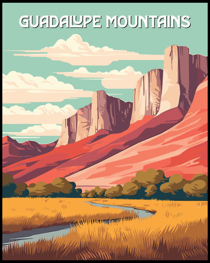 Ein Poster vom Guadalupe Mountains Nationalpark, das beeindruckende Felsen und eine weite Ebene im Vordergrund zeigt.