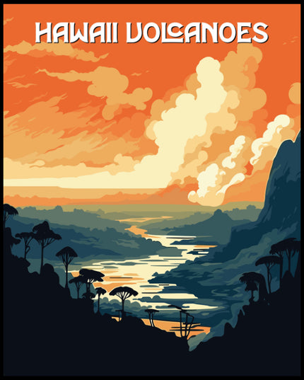 Ein Poster des Hawaii Volcanoes Nationalparks, das eine dramatische vulkanische Landschaft mit Rauch und Lava in leuchtenden Farben darstellt.