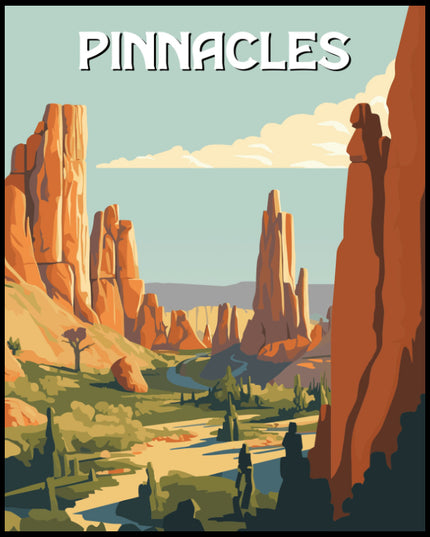 Ein Poster des Pinnacles Nationalparks, das markante, hoch aufragende Felsformationen in einer weiten Landschaft darstellt.