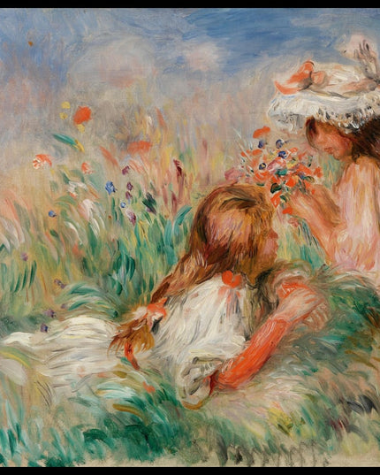 Girls in the Grass Arranging a Bouquet