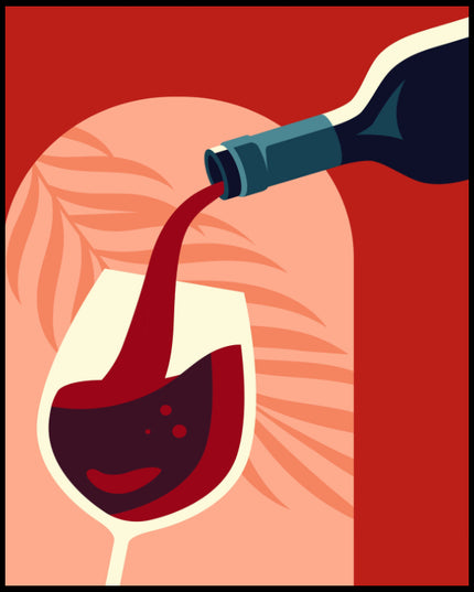 Ein Poster von einer stilisierten Illustration, bei der Rotwein aus einer Flasche in ein Weinglas gegossen wird.