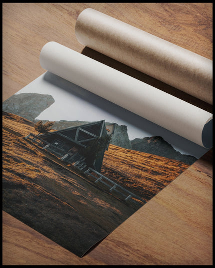 Ein Poster von einer kleinen Kapelle in den Dolomiten bei Sonnenuntergang, gerollt auf einer Holzoberfläche liegend