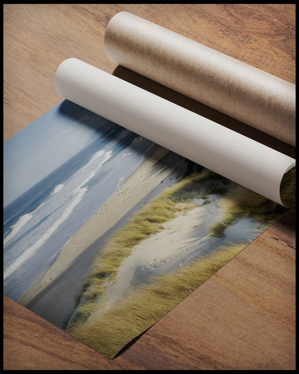 Ein Poster vom Meerblick über Dünen und Strand, gerollt auf einer Holzoberfläche liegend