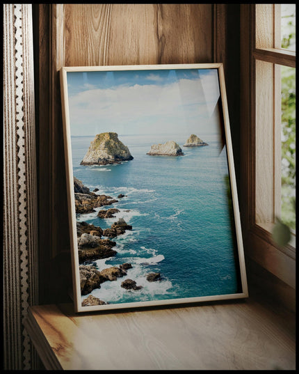 Ein gerahmtes Poster vom Blick auf das blaue Meer und mehrere Felsformationen die aus dem Wasser blicken, vor einem Fenster an die Wand angelehnt