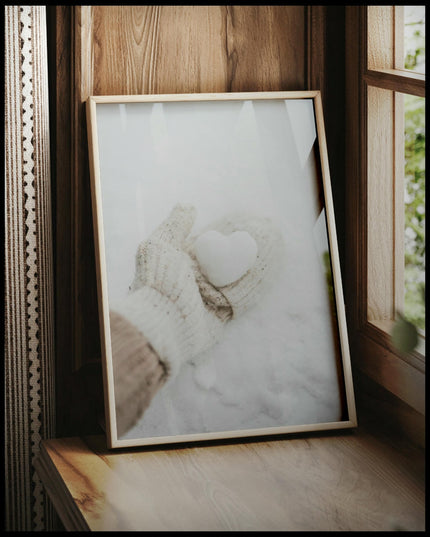 Ein gerahmtes Poster von einer behandschuhten Hand, die ein kleines Herz aus Schnee hält, vor einem Fenster an die Wand angelehnt