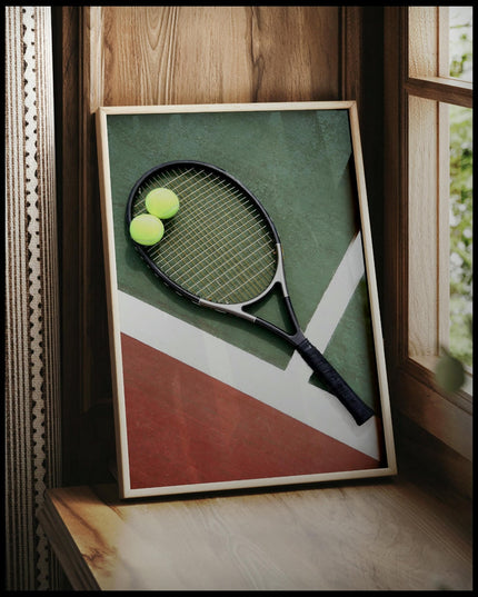 Ein gerahmtes Poster von einem Tennisschläger und zwei Tennisbällen auf einem Tennisplatz mit grünen und roten Feldern, vor einem Fenster an die Wand angelehnt