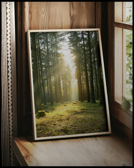 Ein gerahmtes Poster von einer Lichtung im Wald mit hohen Nadelbäumen, vor einem Fenster an die Wand angelehnt